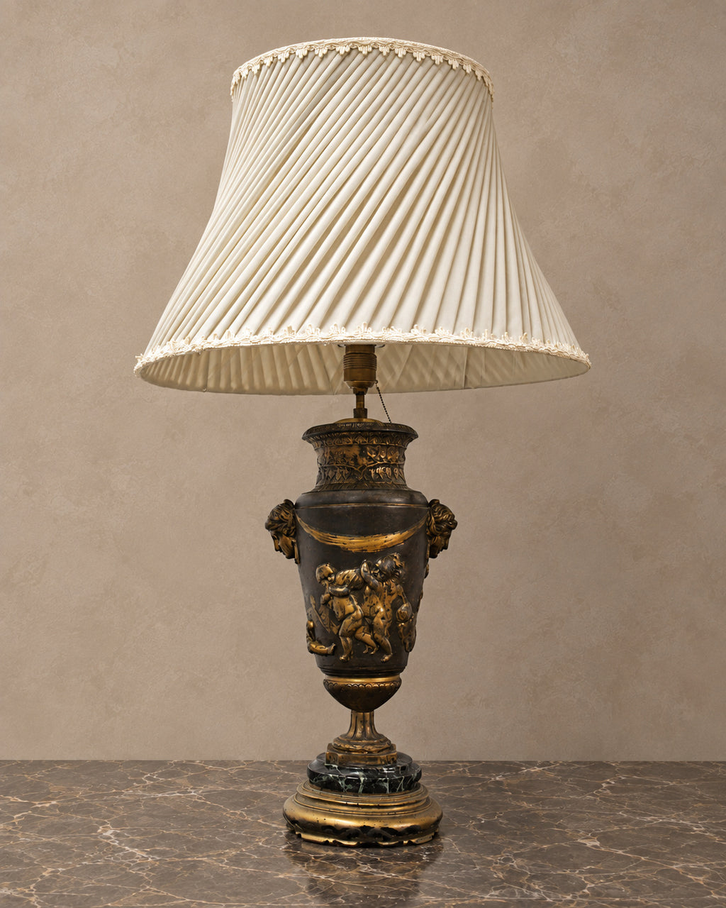 Bronze-Finish Spelter Urn Lamp with Pleated Ivory Shade — main view