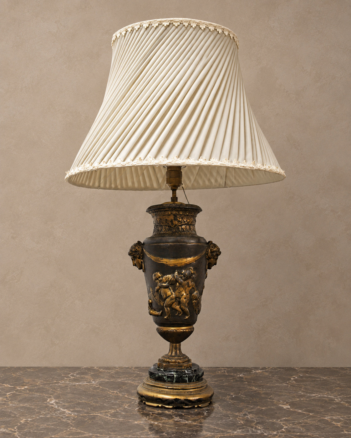 Bronze-Finish Spelter Urn Lamp with Pleated Ivory Shade — main view