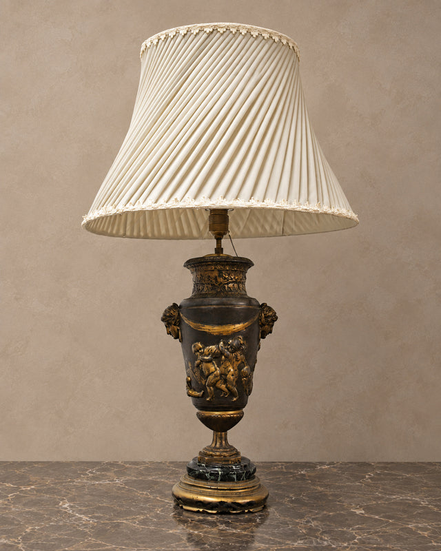 Bronze-Finish Spelter Urn Lamp with Pleated Ivory Shade
