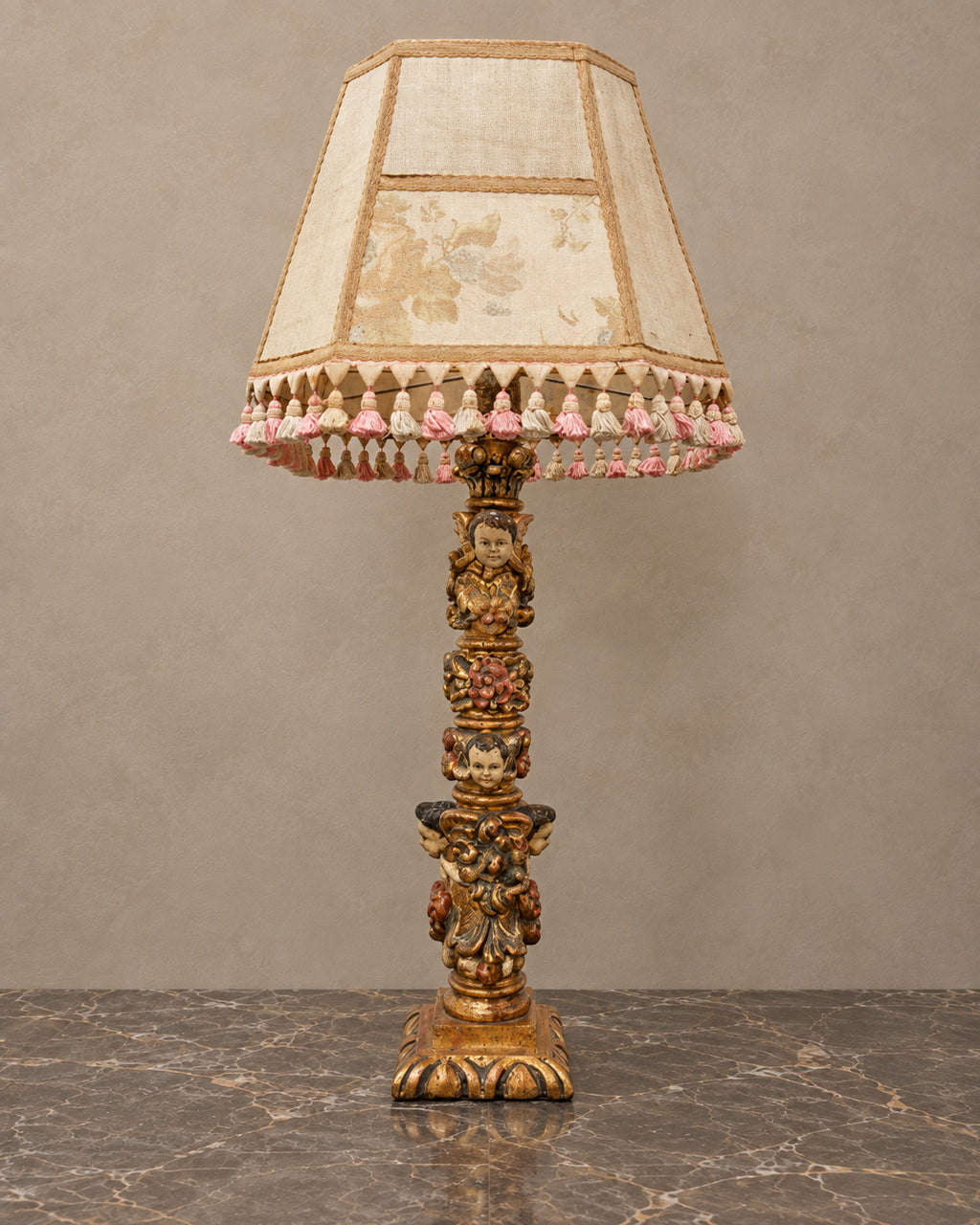 Giltwood Cherub Table Lamp with Floral Tasselled Shade — main view