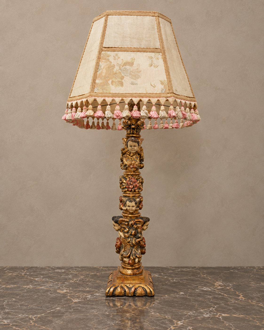 Giltwood Cherub Table Lamp with Floral Tasselled Shade — main view