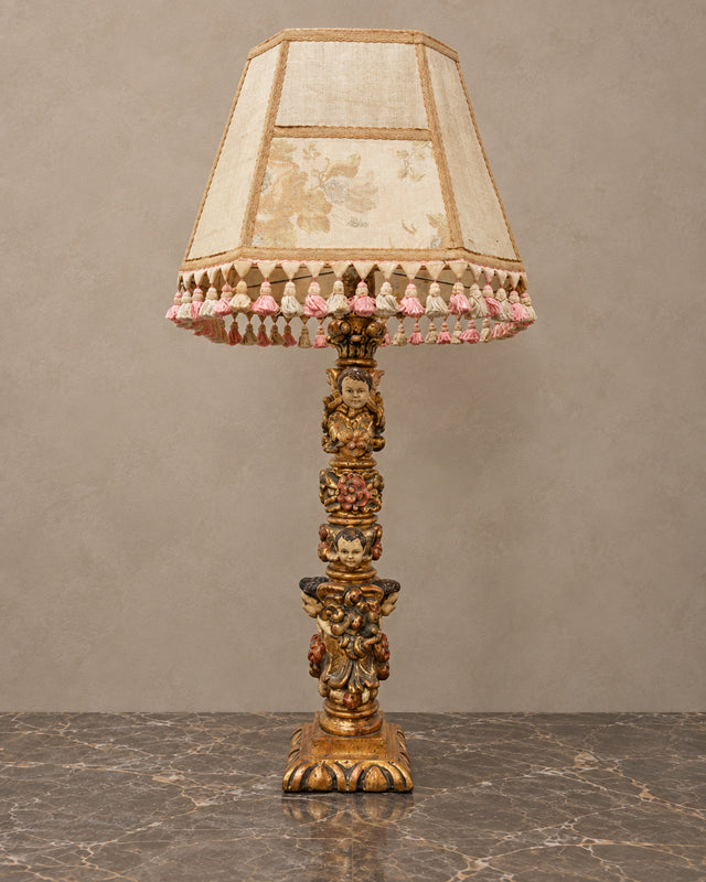 Giltwood Cherub Table Lamp with Floral Tasselled Shade