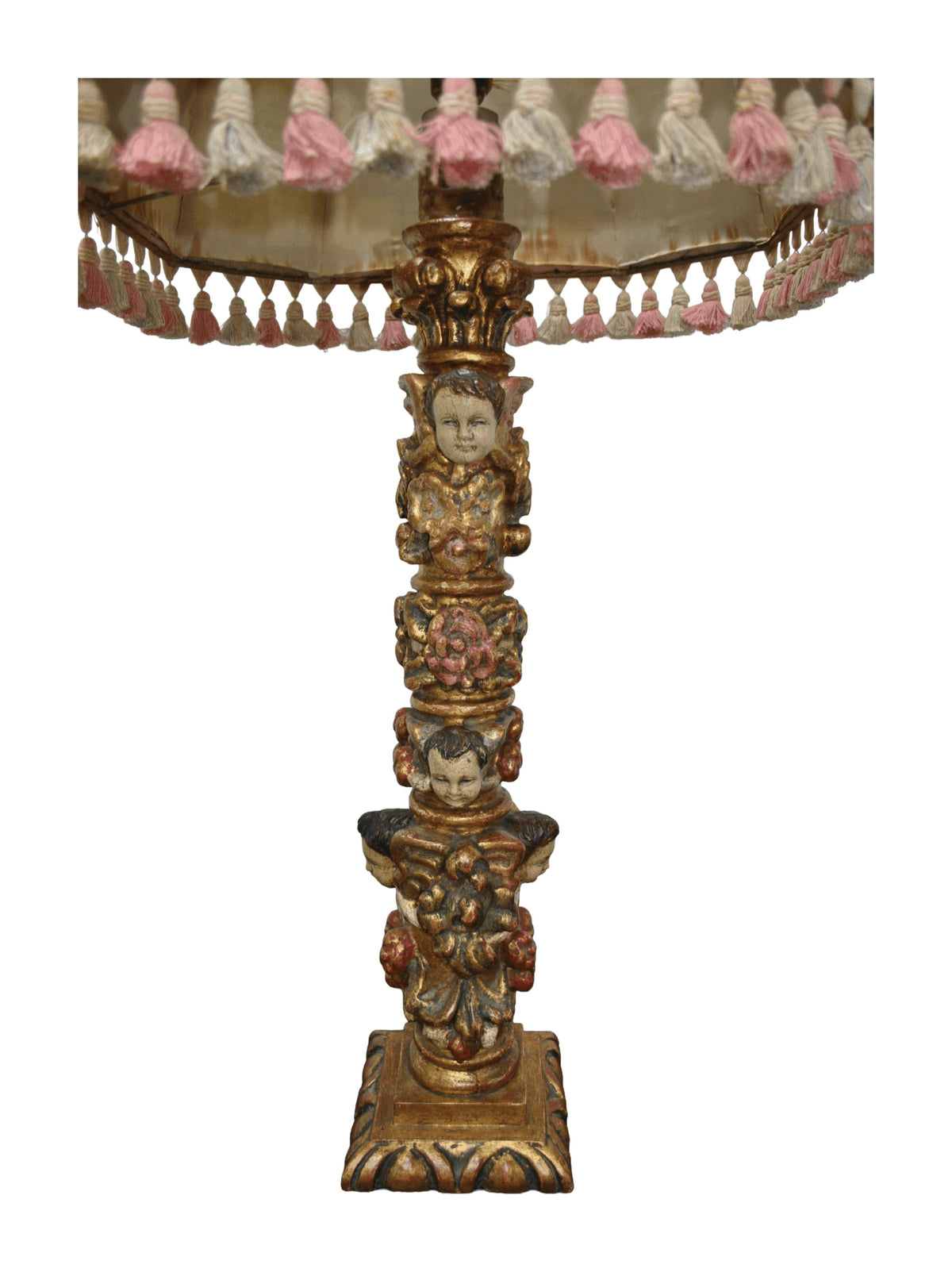 Giltwood Cherub Table Lamp with Floral Tasselled Shade — alternative view or detail