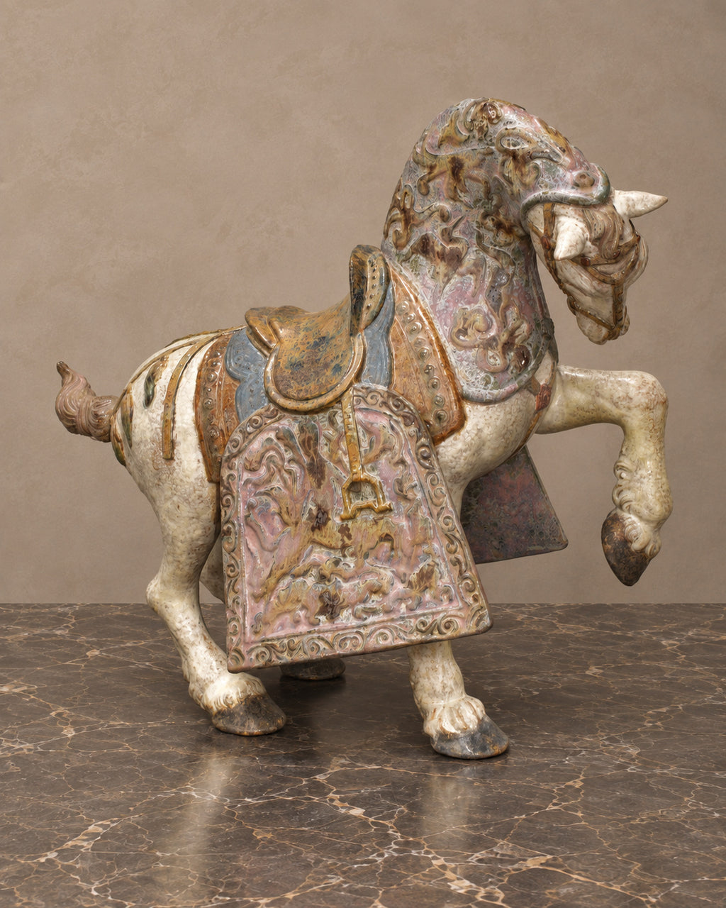 Large Polychrome Porcelain Horse with Ornamental Saddle — main view