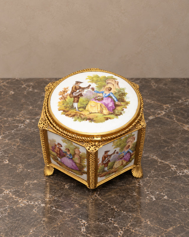Hexagonal Porcelain Jewellery Box with Romantic Scenes