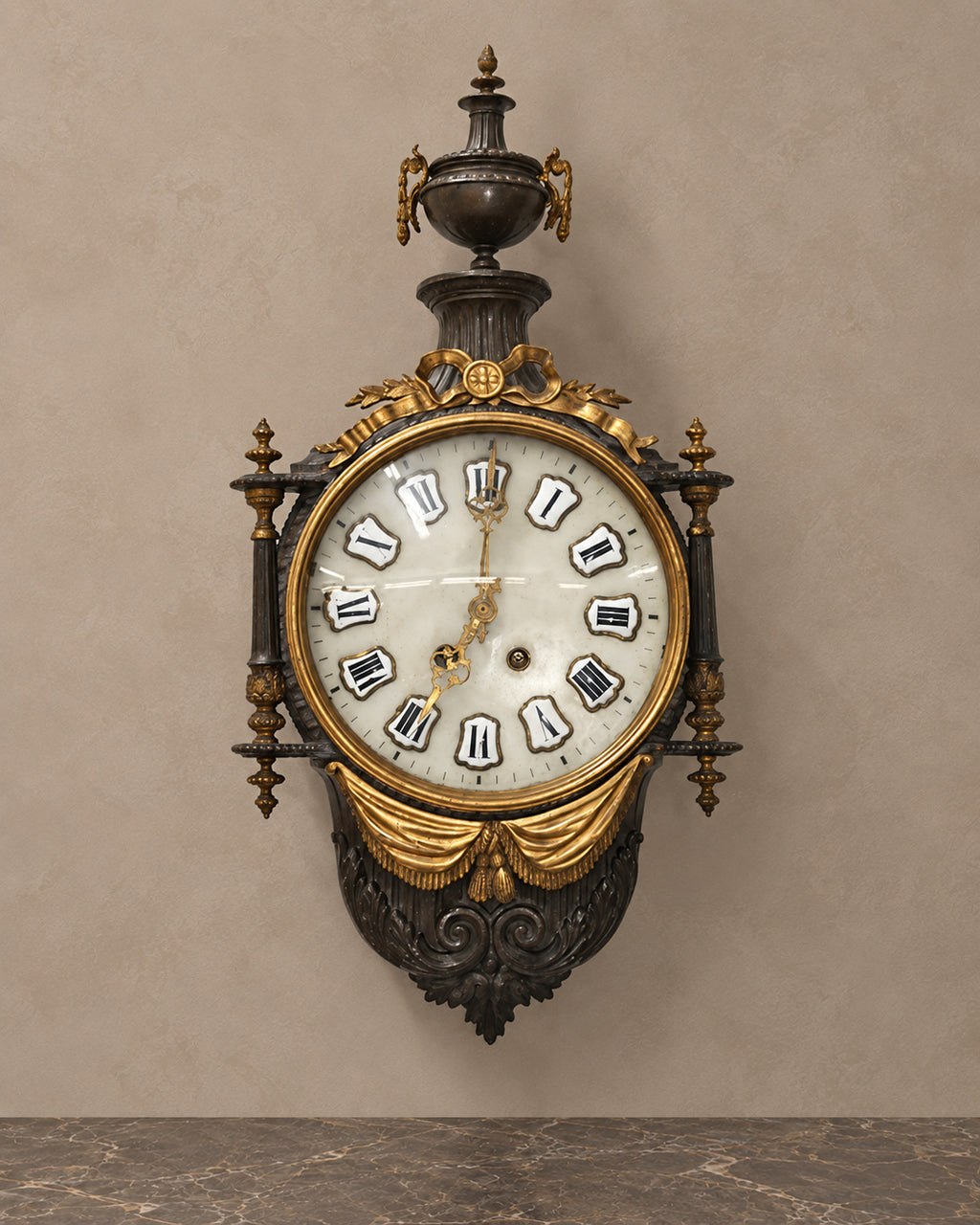 Urn-Crest Wall Clock in Dark Wood and Gilt Bronze — main view