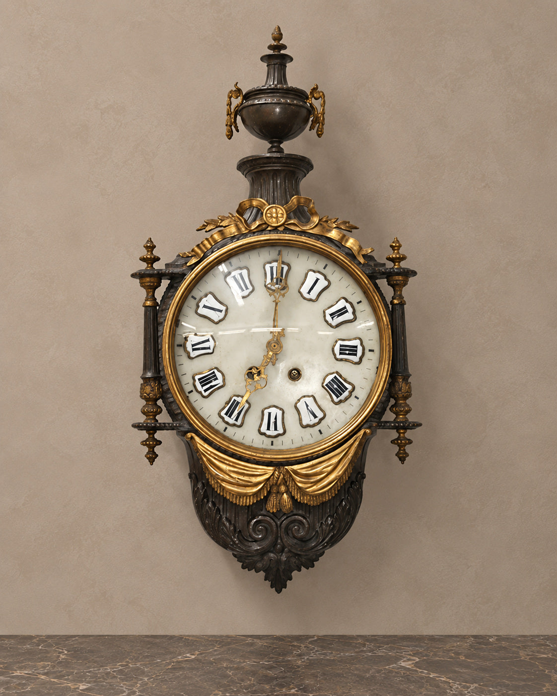 Urn-Crest Wall Clock in Dark Wood and Gilt Bronze — main view