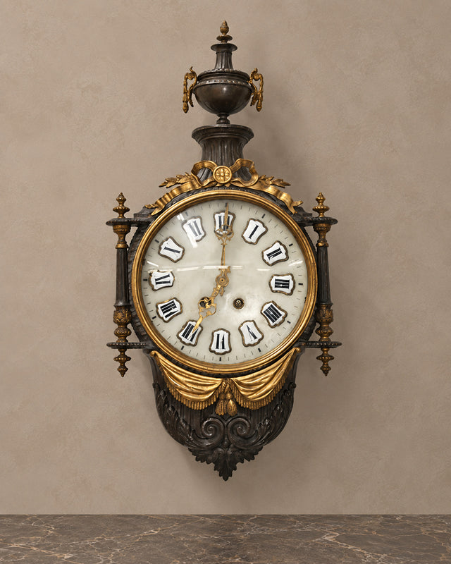Urn-Crest Wall Clock in Dark Wood and Gilt Bronze