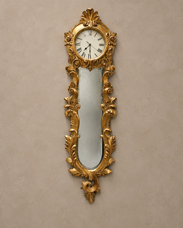 Gilt Carved Wall Clock with Bevelled Mirror