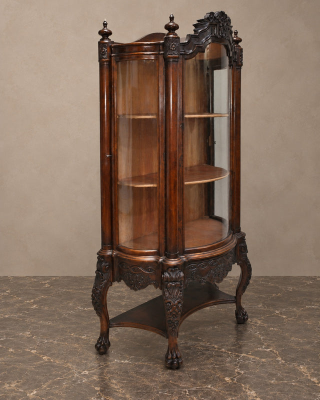 Carved Dark-Wood Display Cabinet with Curved Glass