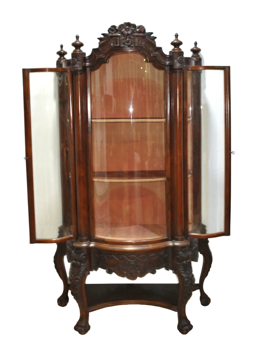 Carved Dark-Wood Display Cabinet with Curved Glass — alternative view or detail