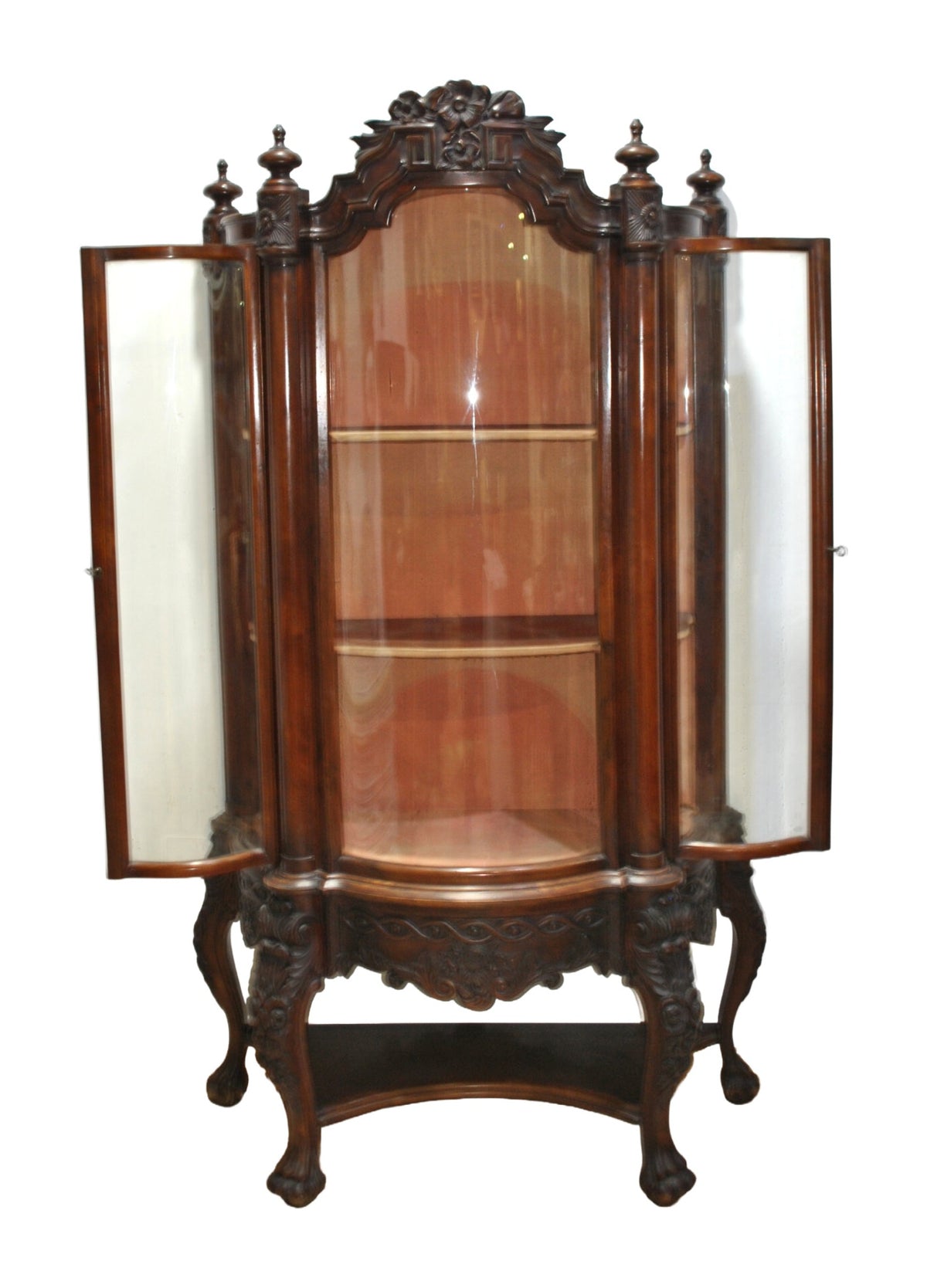 Carved Dark-Wood Display Cabinet with Curved Glass — alternative view or detail