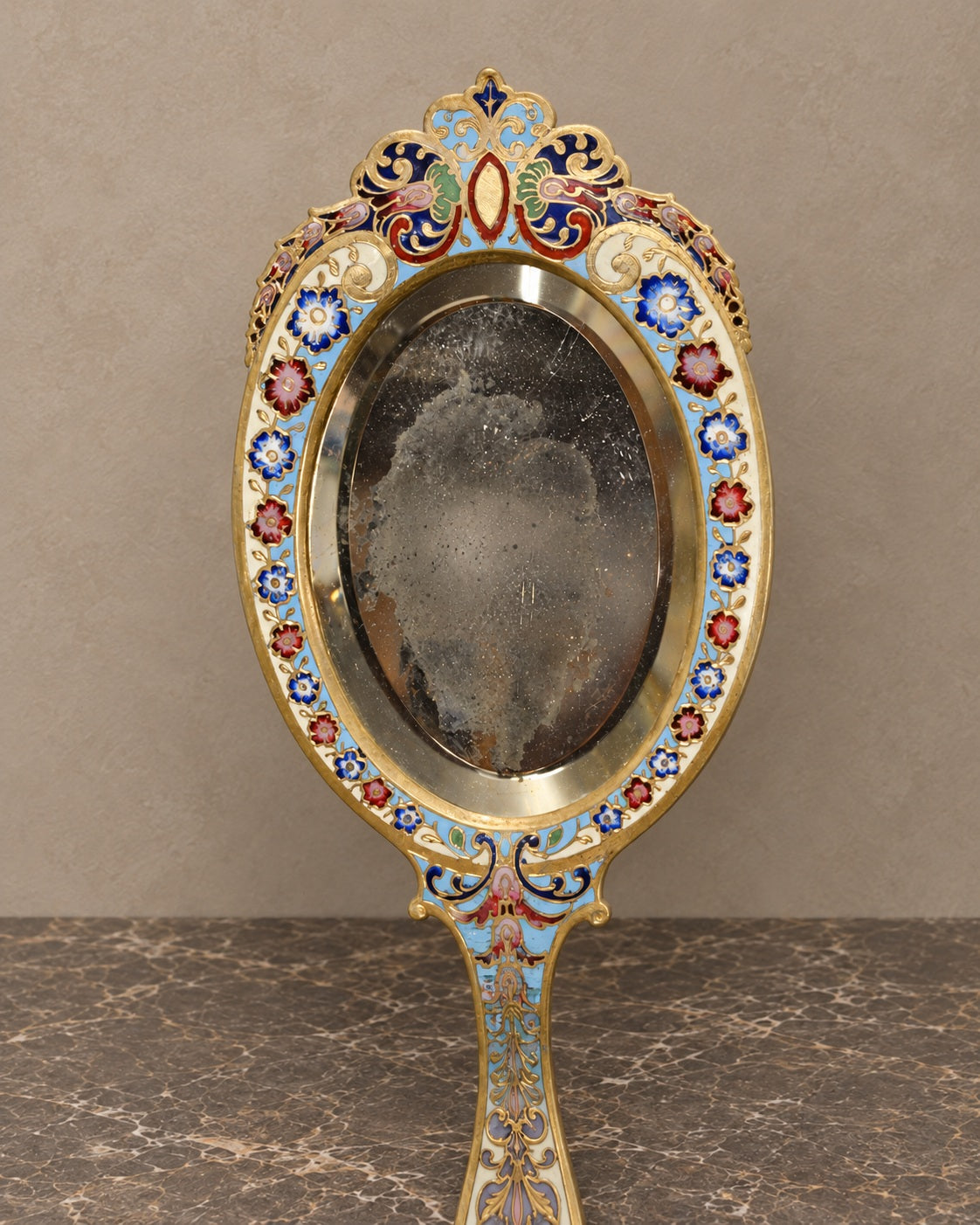 Floral Cloisonne Oval Hand Mirror — main view