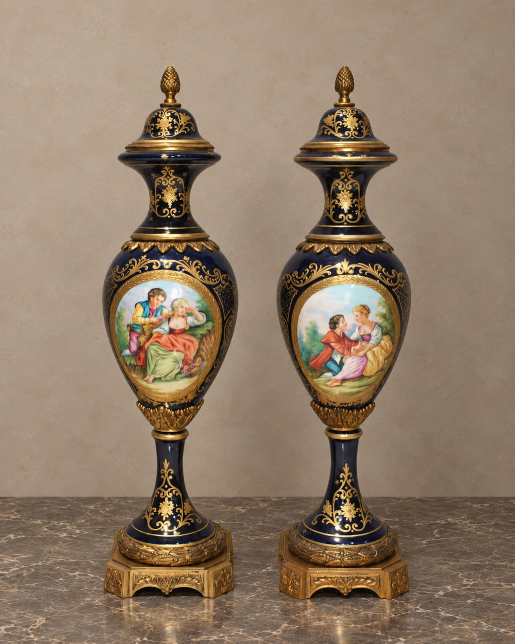 Pair of Cobalt Porcelain Lidded Vases with Romantic Scenes — main view