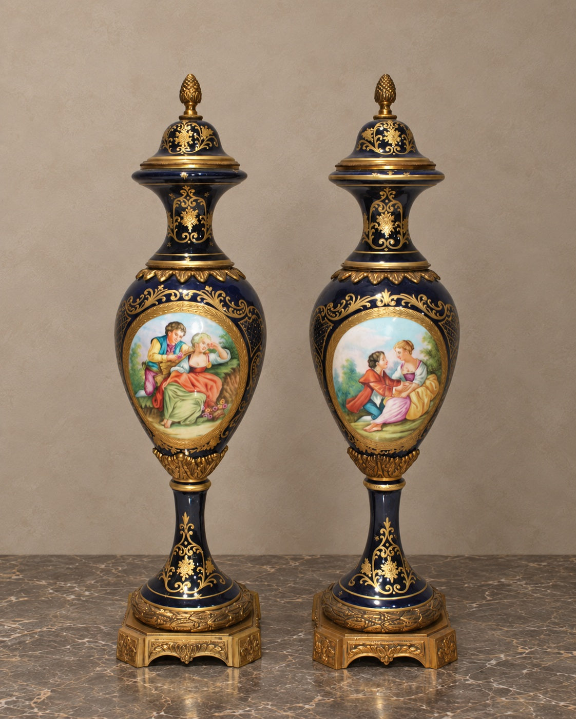Pair of Cobalt Porcelain Lidded Vases with Romantic Scenes — main view