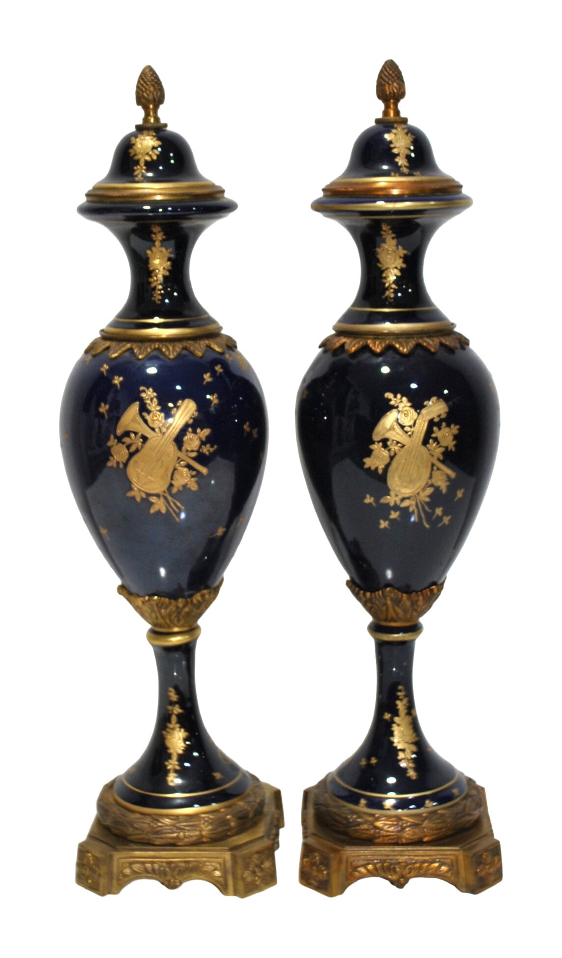 Pair of Cobalt Porcelain Lidded Vases with Romantic Scenes — alternative view or detail