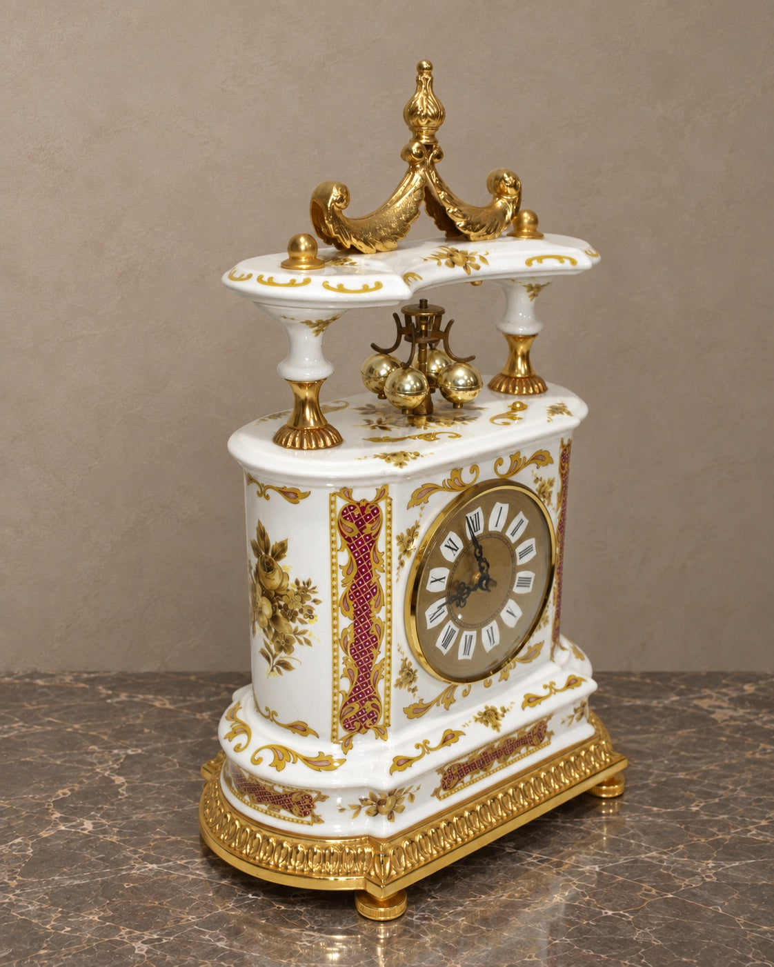 Italian Porcelain Mantel Clock with Burgundy and Gilt Decoration — main view