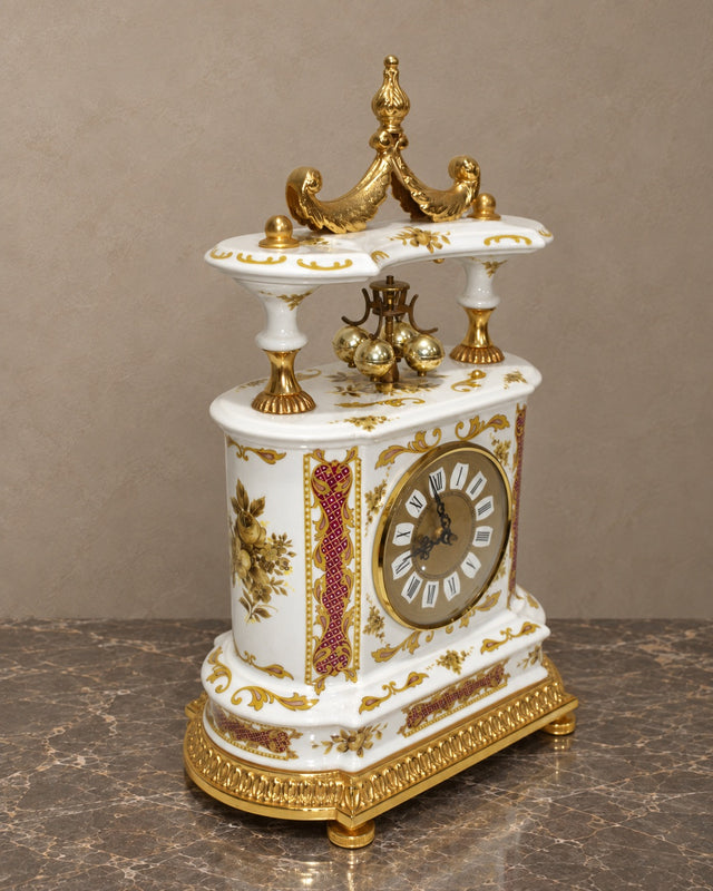Italian Porcelain Mantel Clock with Burgundy and Gilt Decoration