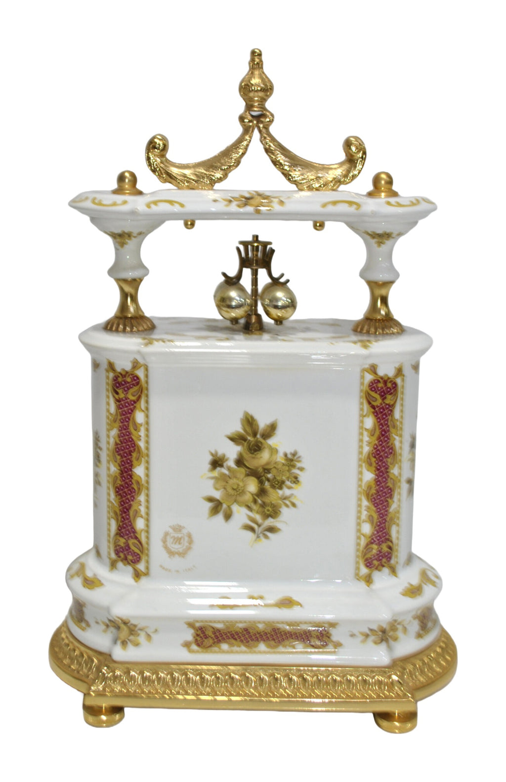 Italian Porcelain Mantel Clock with Burgundy and Gilt Decoration — alternate view