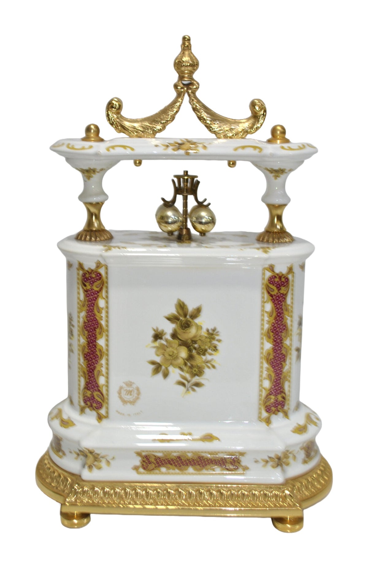 Italian Porcelain Mantel Clock with Burgundy and Gilt Decoration — alternate view