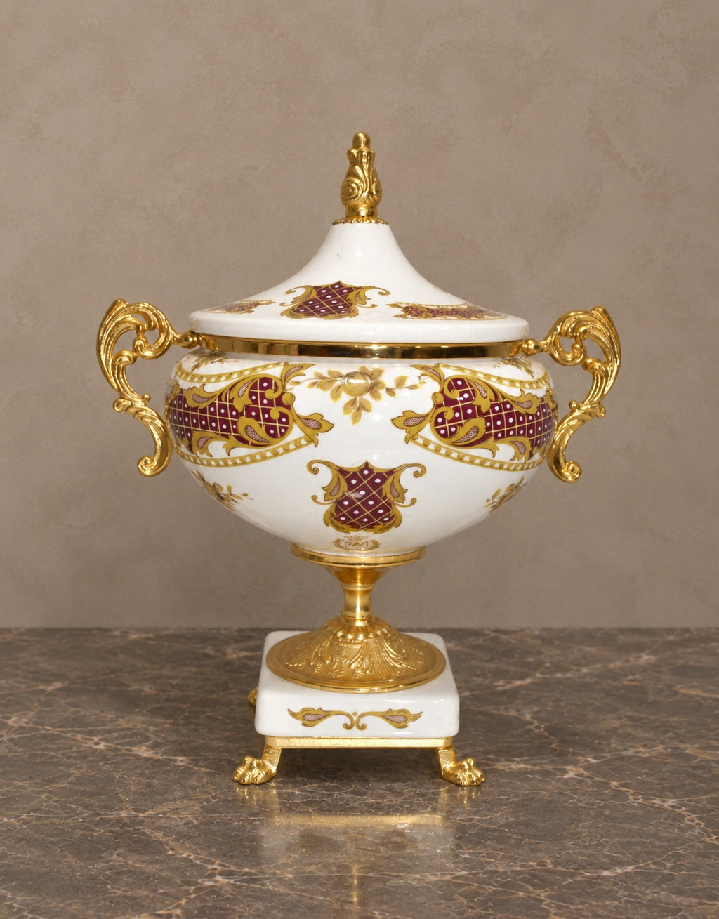 Italian Porcelain Covered Bowl with Burgundy and Gilt Decoration — main view