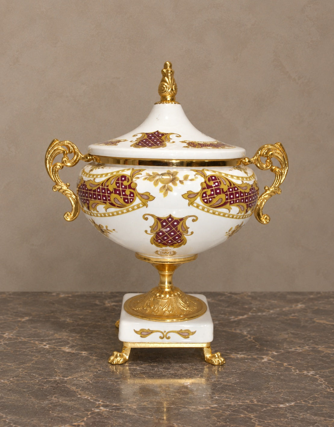 Italian Porcelain Covered Bowl with Burgundy and Gilt Decoration — main view