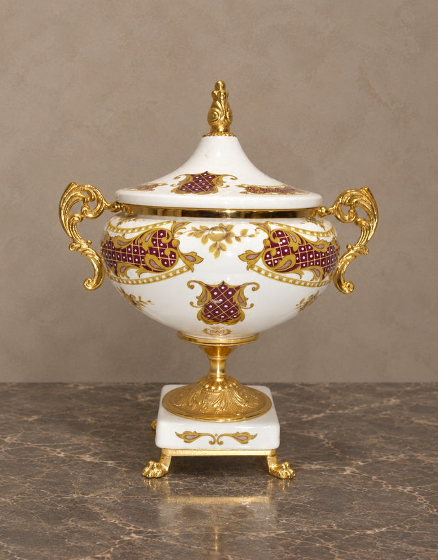 Italian Porcelain Covered Bowl with Burgundy and Gilt Decoration