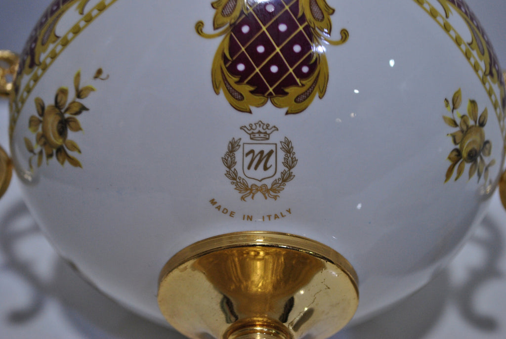 Italian Porcelain Covered Bowl with Burgundy and Gilt Decoration — original maker mark