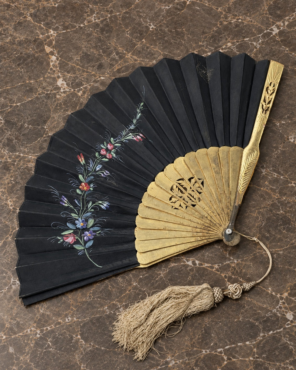 Antique Black Painted Fan with Gilt Metal Sticks — main view