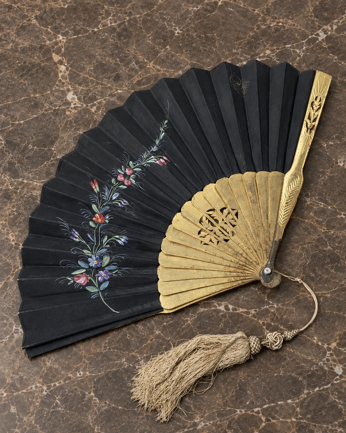 Antique Black Painted Fan with Gilt Metal Sticks — main view