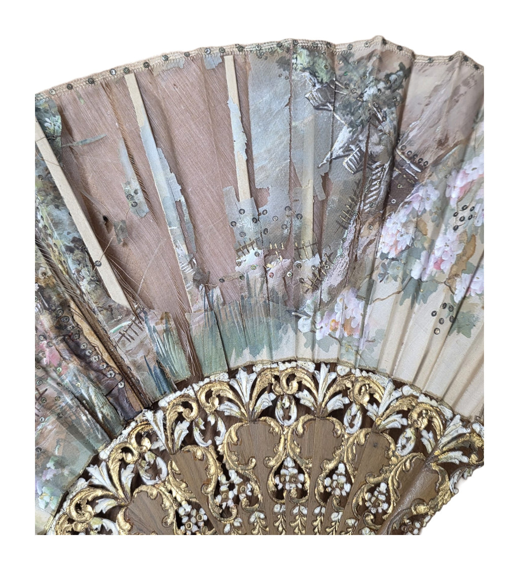 Antique Painted Fan with Pierced Giltwood Sticks — detail or alternate view