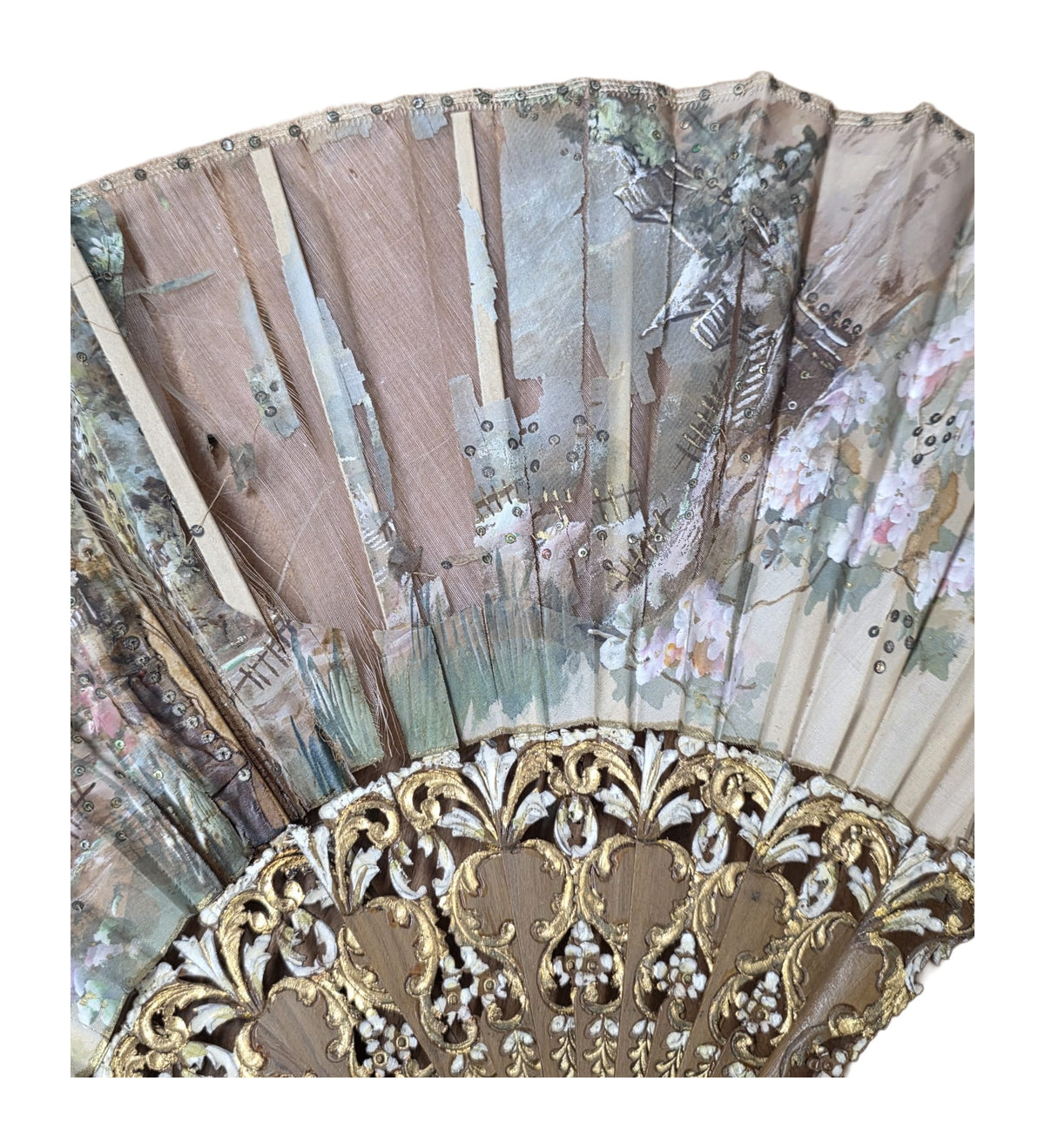 Antique Painted Fan with Pierced Giltwood Sticks — detail or alternate view