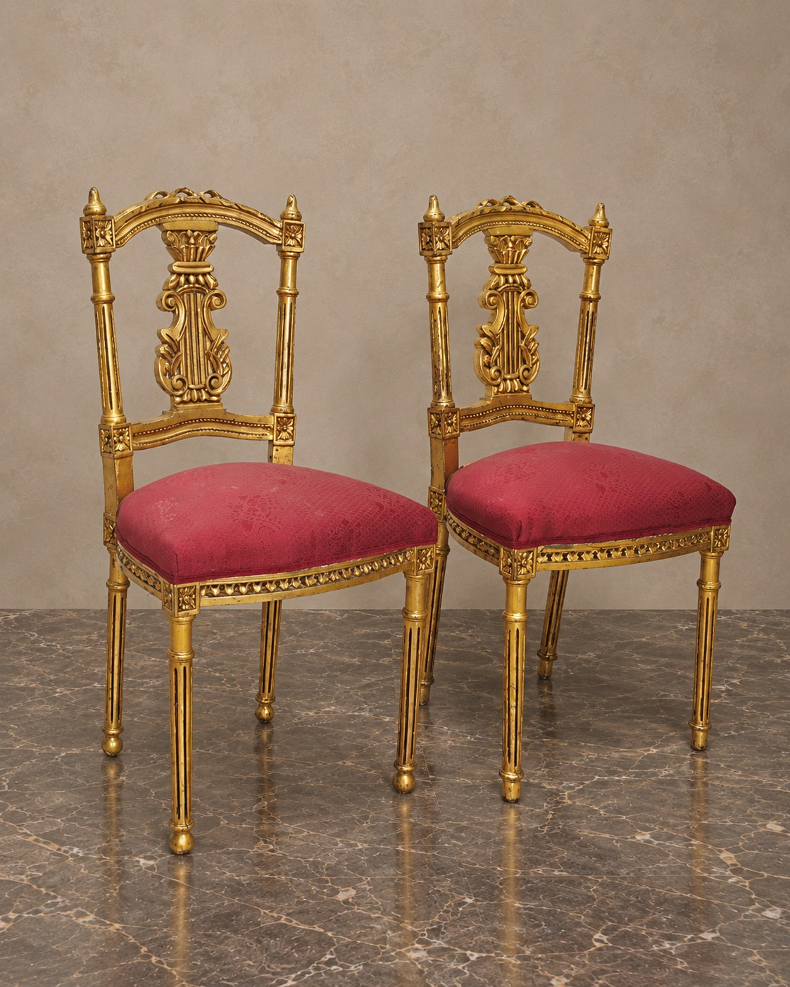 Pair of Gilt Lyre-Back Chairs with Burgundy Upholstery — main view