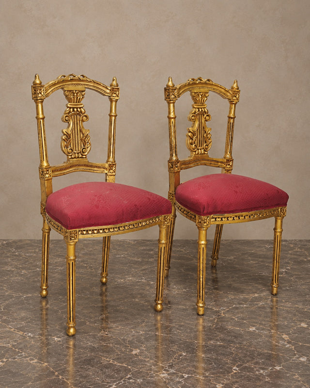 Pair of Gilt Lyre-Back Chairs with Burgundy Upholstery