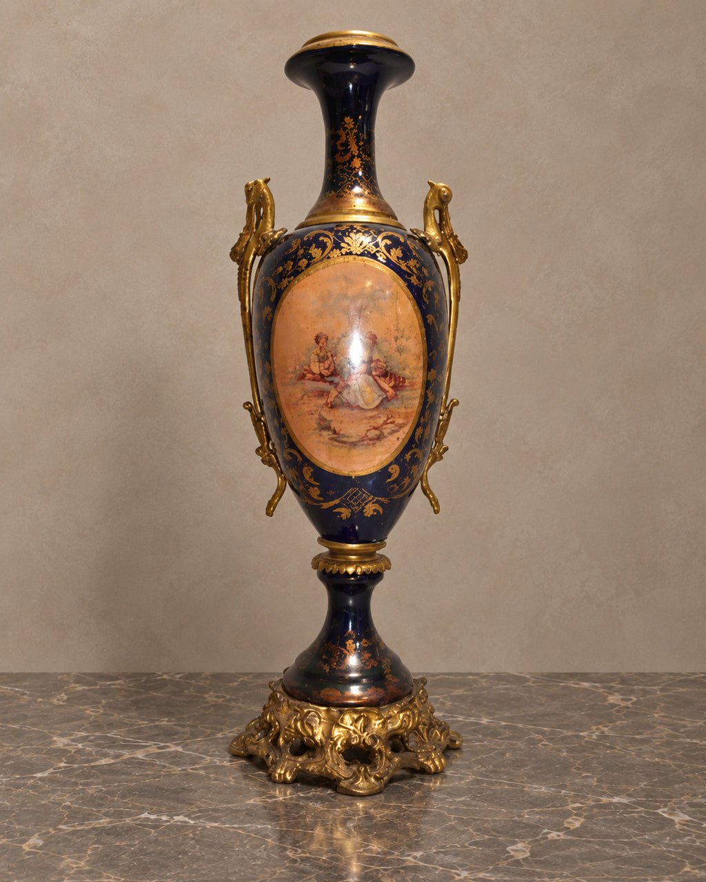 Cobalt-Glazed Vase with Romantic Scene and Gilt Mounts — main view