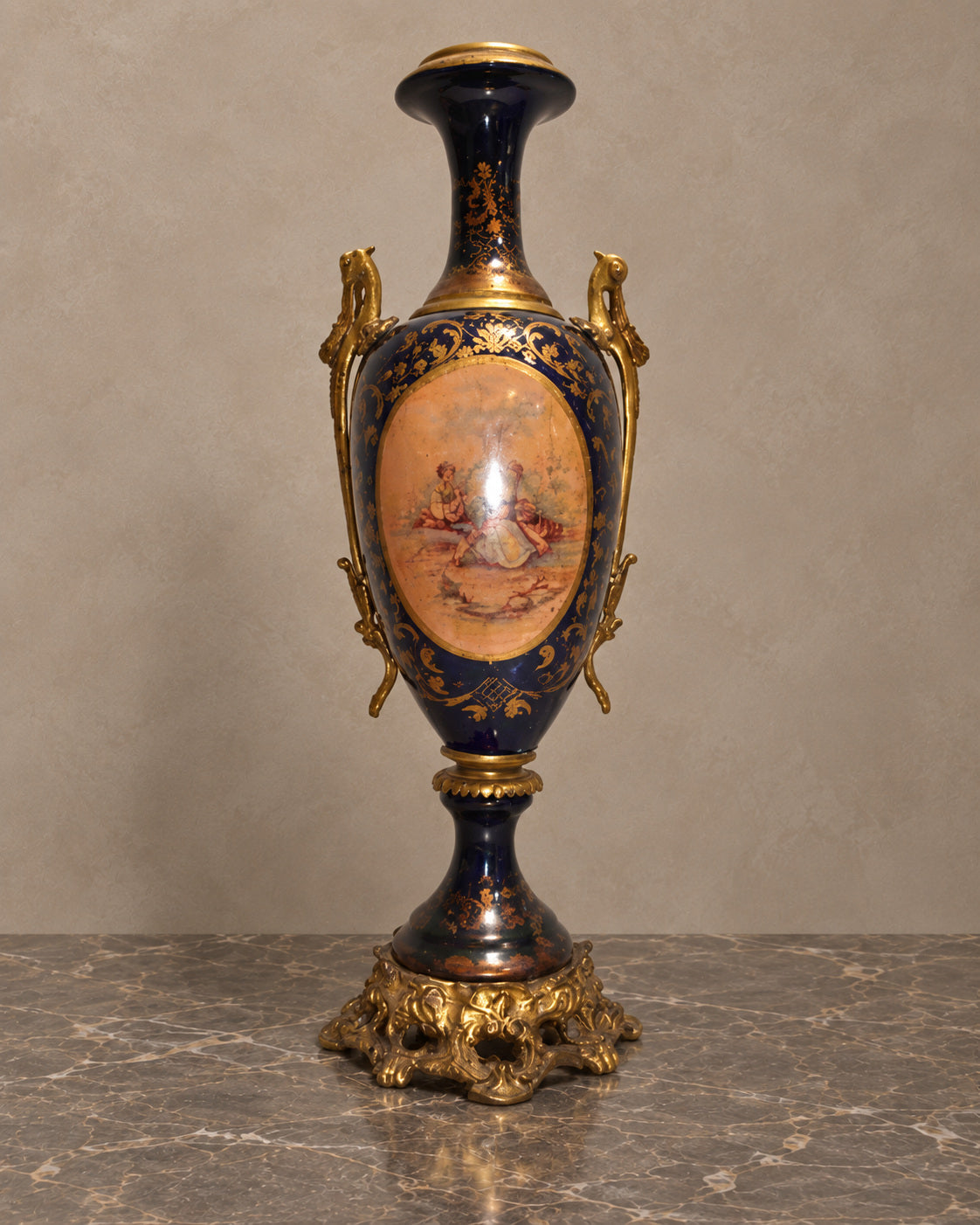 Cobalt-Glazed Vase with Romantic Scene and Gilt Mounts — main view