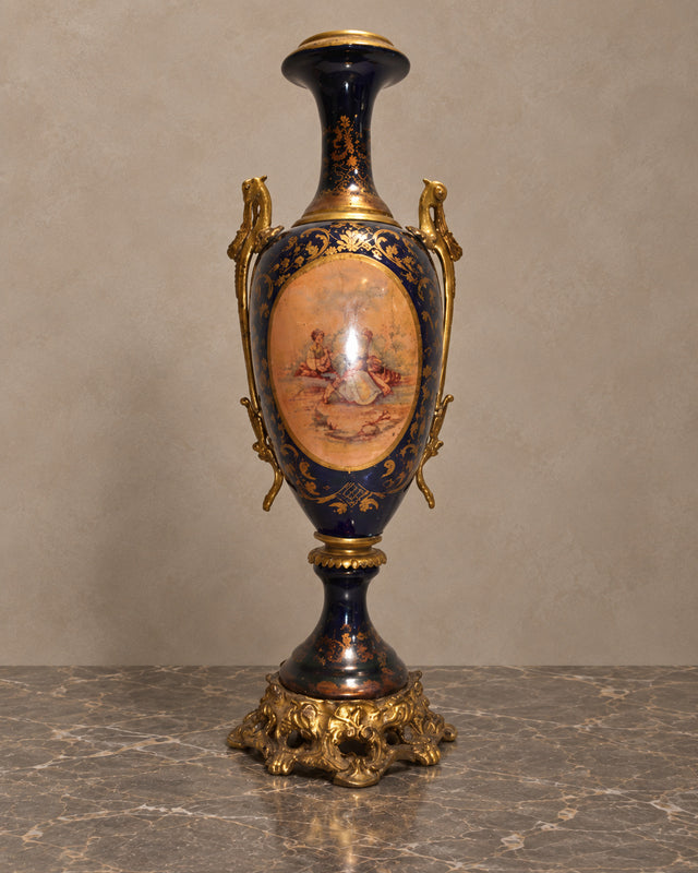 Cobalt-Glazed Vase with Romantic Scene and Gilt Mounts