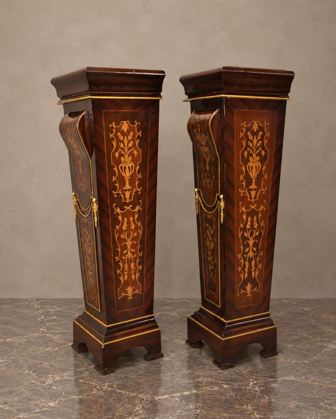 Pair of Floral Marquetry Display Pedestals — main view