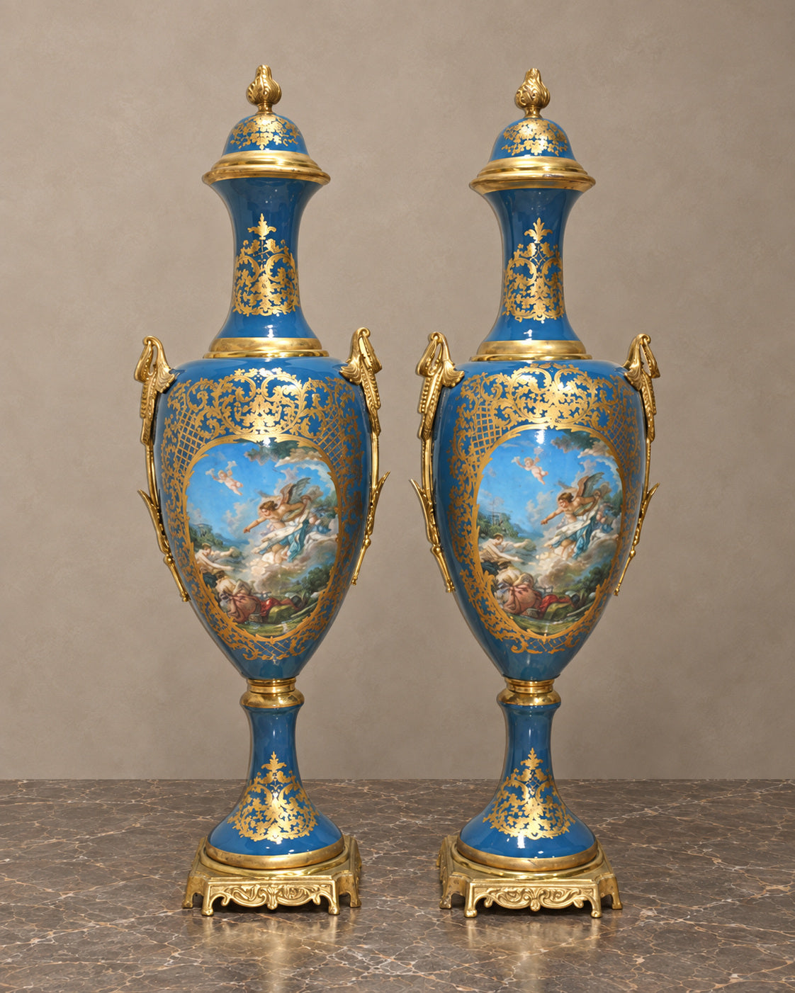 Pair of Monumental Blue Porcelain Vases with Mythological Scenes — main view