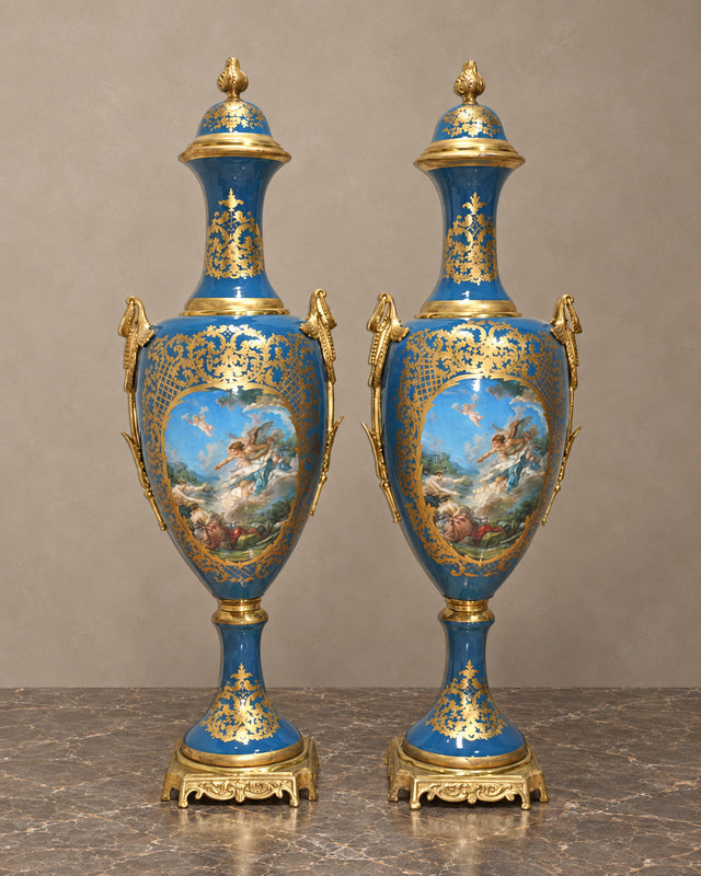 Pair of Monumental Blue Porcelain Vases with Mythological Scenes