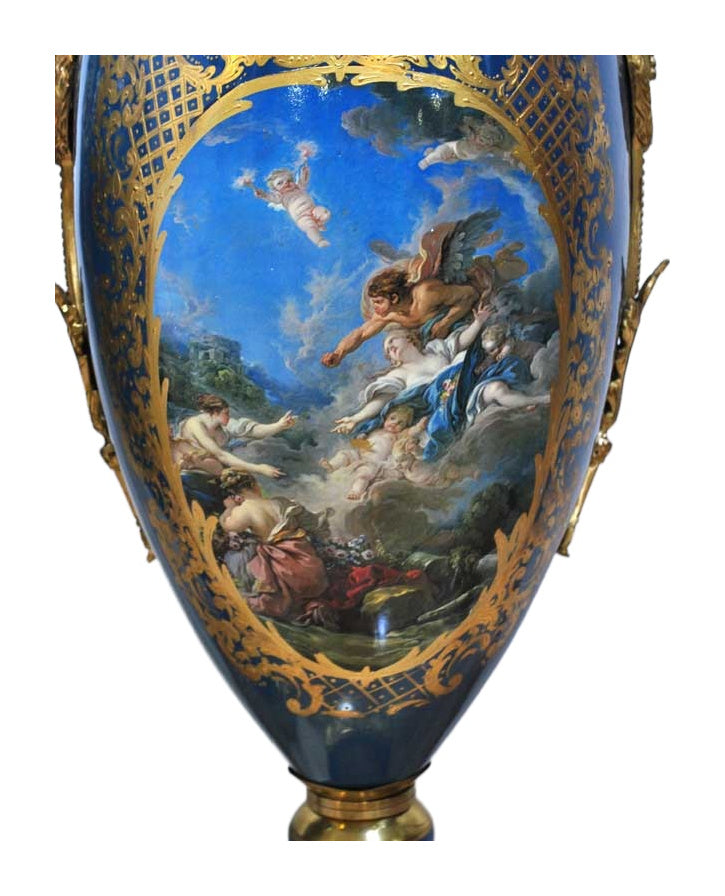 Pair of Monumental Blue Porcelain Vases with Mythological Scenes — alternative view or condition detail