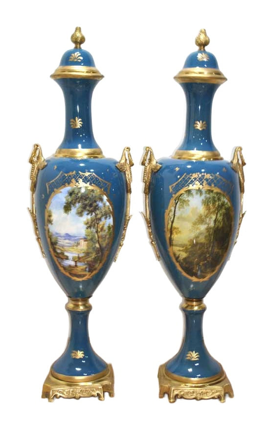 Pair of Monumental Blue Porcelain Vases with Mythological Scenes — alternative view or condition detail