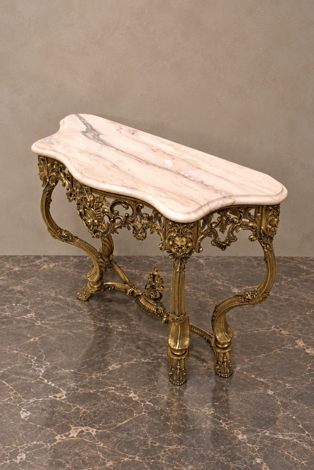 Gilt-Bronze Rococo Console with Rose Marble Top