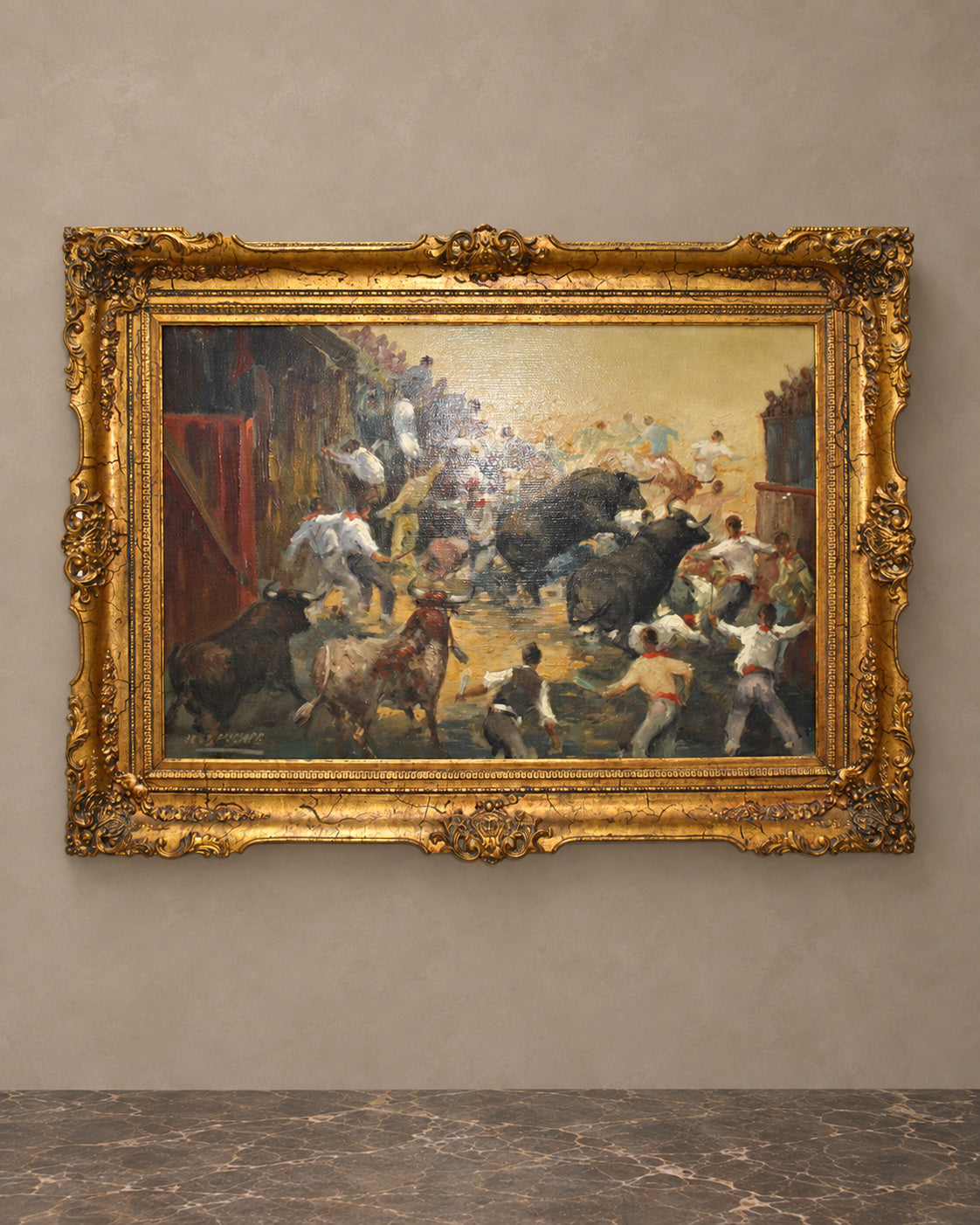 Spanish Bull-Running Oil Painting Signed José Puente — main view