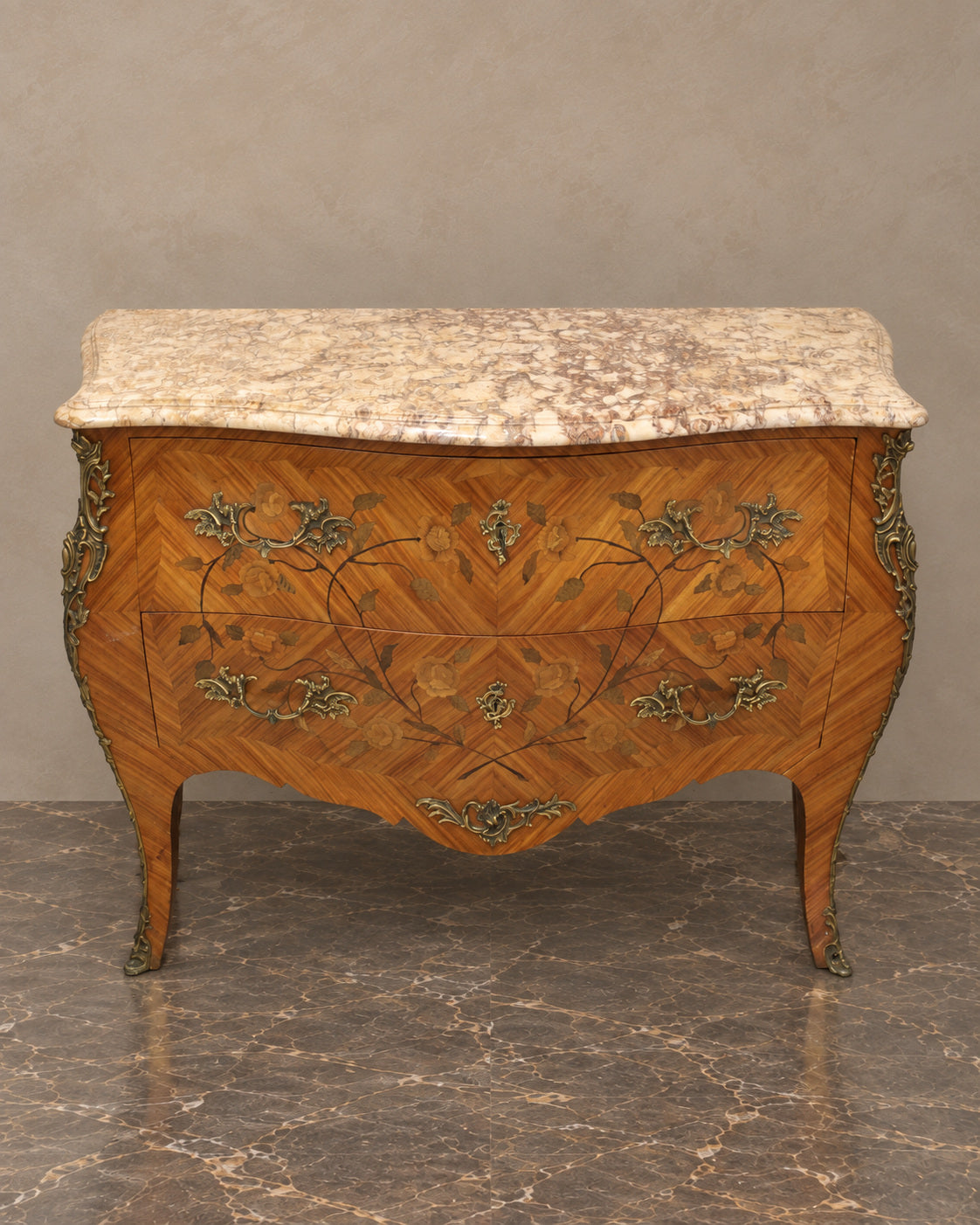 Louis XV-Style Floral Marquetry Bombé Chest — main view