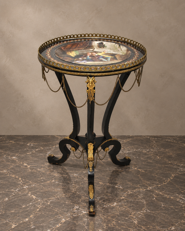 Napoleon III-Style Round Table with Painted Porcelain Top
