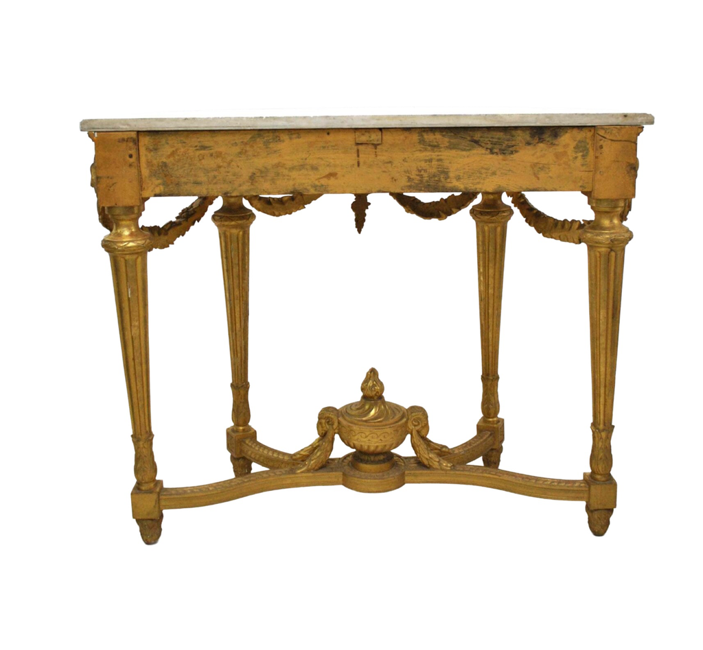 Original rear view on white showing the console's wooden construction and curved stretchers