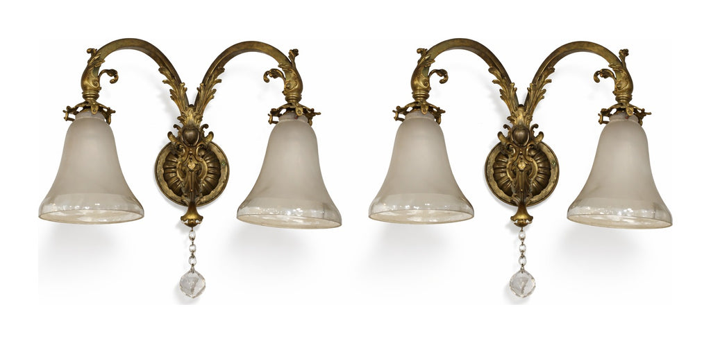 Pair of Gilt-Bronze Sconces with Opaline Shades — original detail view 1