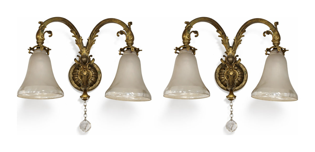 Pair of Gilt-Bronze Sconces with Opaline Shades — original detail view 1