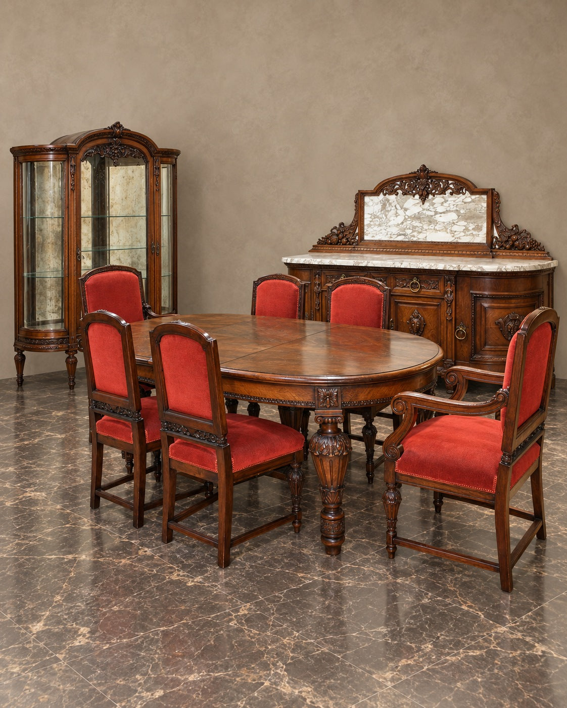 Carved Oak Dining Suite with Marble-Top Sideboard — styled main view